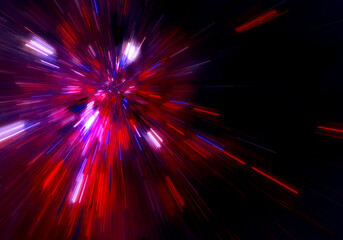 Abstract neon zoom blur light streaks fractal glitch art background with copy space. Blurred motion, long exposure.