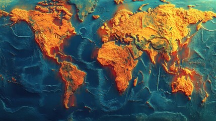 Vibrant topographic representation of the world map in bold colors.