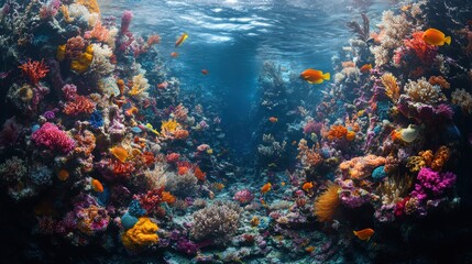 Vibrant underwater coral reef teeming with colorful fish and marine life.