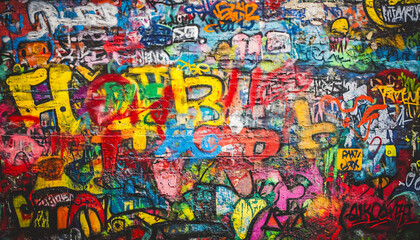 A wall filled with bold, colorful graffiti tags and street art, giving an edgy, urban feel full of energy