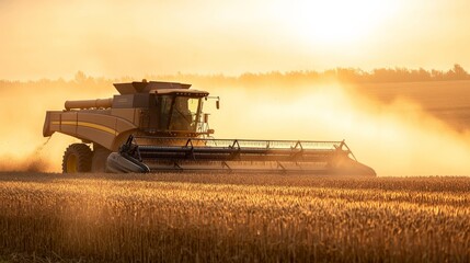 Fototapeta premium A combine harvester unloading grain into a trailer, with dust rising in the golden evening light