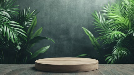 Wooden round platform surrounded by lush green plants in a serene setting.