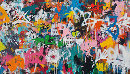Naklejka premium A wall filled with bold, colorful graffiti tags and street art, giving an edgy, urban feel full of energy