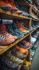 Shelves of colorful football cleats in a store