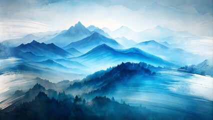 Fototapeta premium Misty Mountain Range with Brushstrokes of White, Blue and Gray Tones