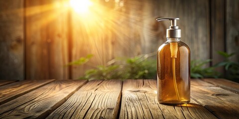 Fototapeta premium A bottle of amber liquid on a rustic wooden surface, bathed in soft golden sunlight