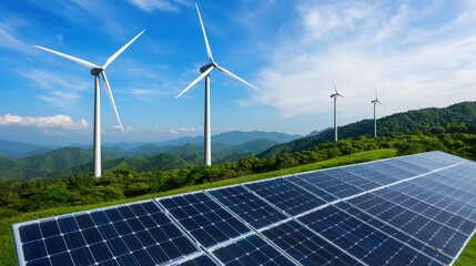 Sustainable Energy Landscape with Wind Turbines and Solar Panels