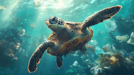 Obraz premium A sea turtle swimming gracefully through polluted waters filled with debris.
