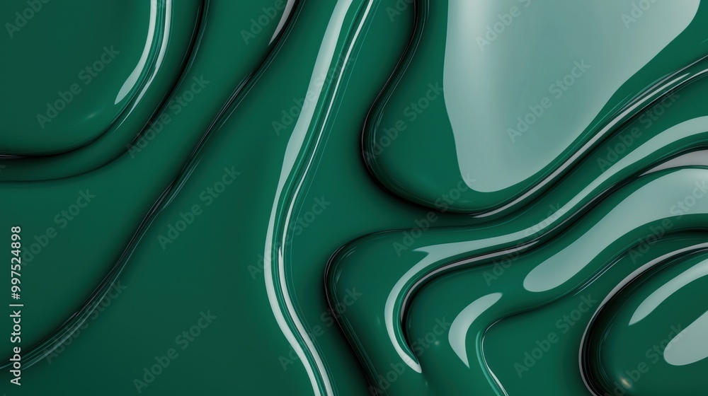 Poster abstract green fluid texture with smooth surface and glossy finish, isolated background.