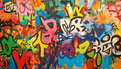 A wall filled with bold, colorful graffiti tags and street art, giving an edgy, urban feel full of energy