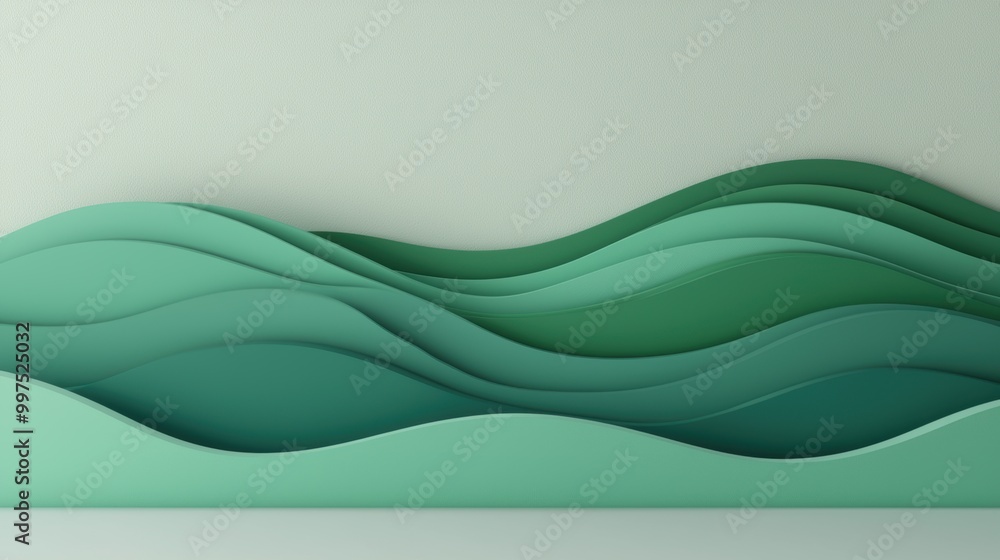 Poster abstract green waves, creating a soothing visual effect, minimal background.