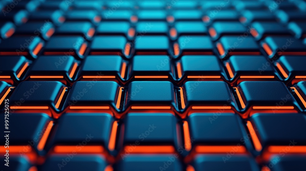 Poster abstract grid of illuminated buttons or keys, vibrant colors, futuristic design.