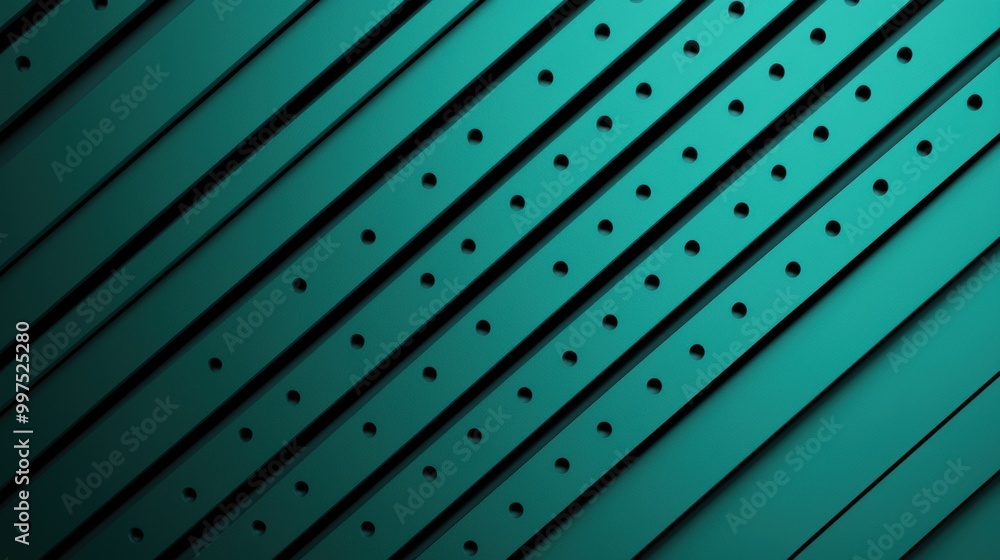 Poster abstract pattern of teal diagonal lines with perforations on a dark background.