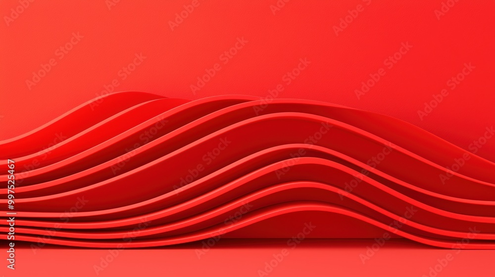 Poster abstract red wave patterns on smooth surface, white isolated background.