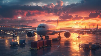 Airplane parked at sunset, showcasing vibrant colors and airport atmosphere.