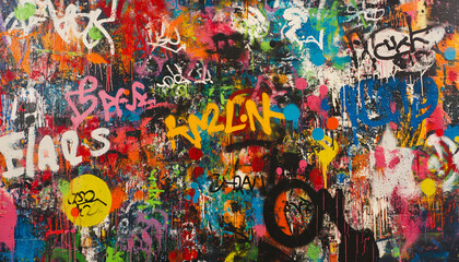 Fototapeta premium A wall filled with bold, colorful graffiti tags and street art, giving an edgy, urban feel full of energy