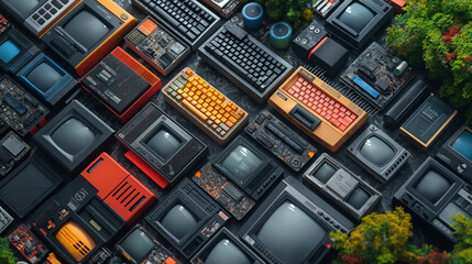 The image of recycling e-waste such as old computers, phones and electrical appliances emphasizes responsible disposal to prevent environmental pollution.