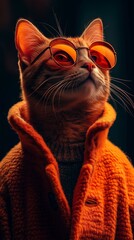 Cat in orange raincoat and fashion glasses.
