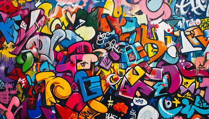 Obraz premium A wall filled with bold, colorful graffiti tags and street art, giving an edgy, urban feel full of energy