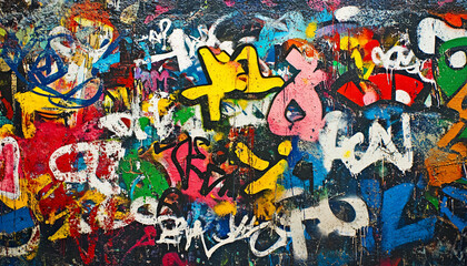 A wall filled with bold, colorful graffiti tags and street art, giving an edgy, urban feel full of energy