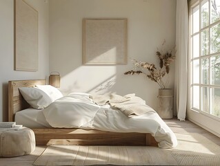 A serene bedroom with natural light, wooden furniture, and minimalistic decor.