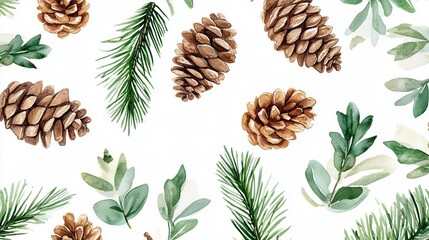 Fototapeta premium Watercolor illustration of pine cones and greenery.