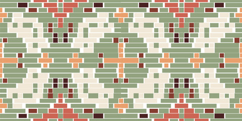 Ethnic Fabric Pixel Ndebele Traditional Pattern Artfolk Embroidery, Aztec Geometric Ornament Print. Design for Carpet, Wallpaper, Clothing, Wrapping, Fabric