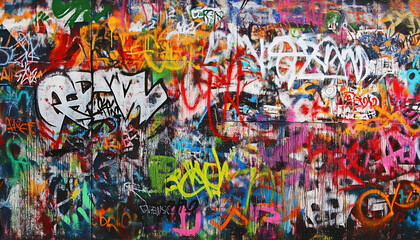 Fototapeta premium A wall filled with bold, colorful graffiti tags and street art, giving an edgy, urban feel full of energy