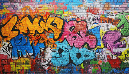 Obraz premium A wall filled with bold, colorful graffiti tags and street art, giving an edgy, urban feel full of energy