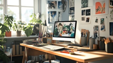 Fototapeta premium A Creative Workspace with a Computer, Art Supplies, and Plants