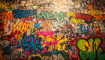 A wall filled with bold, colorful graffiti tags and street art, giving an edgy, urban feel full of energy