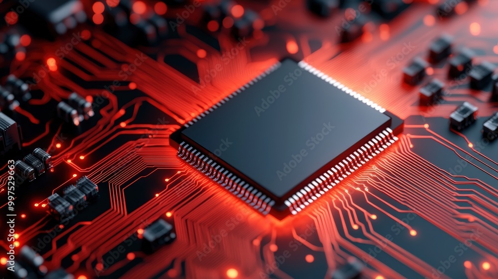 Poster red glowing microchip on circuit board technology innovation