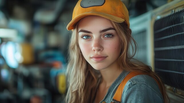 young female mechanic working diligently on an air conditioner outdoors dressed in professional attire surrounded by tools and equipment radiating confidence and empowerment in her craft
