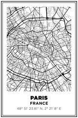 Black and white printable Street map art Paris city, France. Travel poster with coordinates, poster design, Modern Poster Wall Art Home Decor Ready to Printable