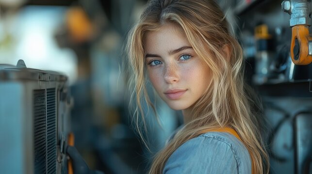 young female mechanic working diligently on an air conditioner outdoors dressed in professional attire surrounded by tools and equipment radiating confidence and empowerment in her craft