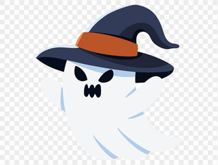 Scary white ghost wears a witch hat isolated on png or transparent background,Halloween party banner, blank space for text, element template for poster, brochures, online advertising.vector
