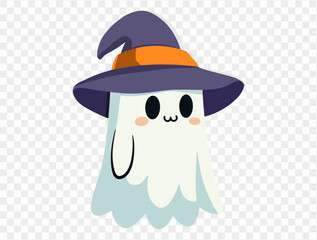 Happy cute smiling white ghost  wear witch hat isolated on png or transparent background,Halloween party banner, blank space for text, element template for poster, brochures. vector