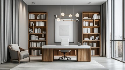 Fototapeta premium Minimalist Home Office with Spacious Wooden Bookshelf for a Clean, Modern Look