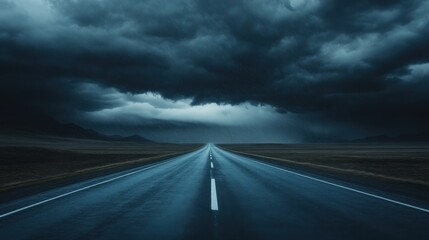 Serene Long Highway Under Dark Ominous Clouds