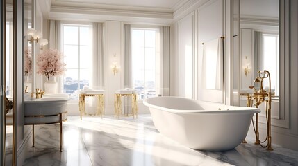 Elegant bathroom with a freestanding tub, marble floors, and stylish decor.