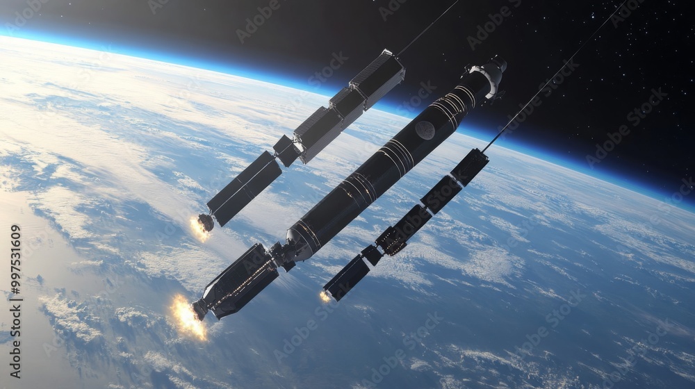 Poster a rocket readies for launch in low earth orbit as engines illuminate, creating powerful bursts of fl