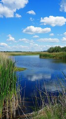 Calm Lake with Reeds and Blue Sky