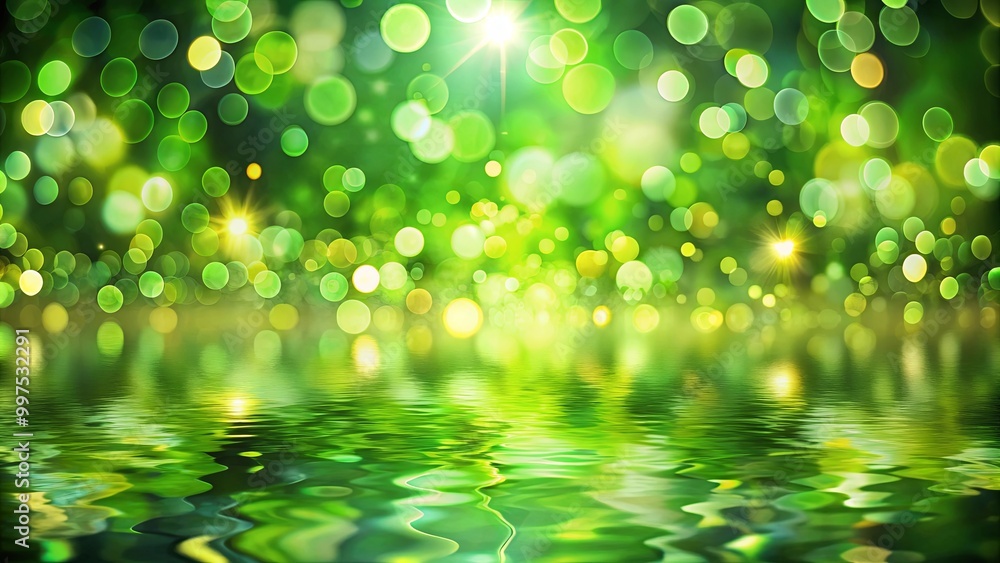 Wall mural a shimmering green bokeh background with a smooth water reflection reflecting the bright lights