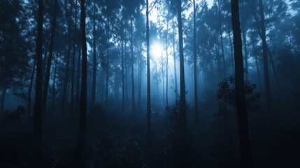 Obraz premium A Misty Forest at Dusk with Sunlight Filtering Through the Trees