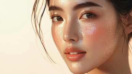 Closeup portrait of a pensive serene and captivating young Asian woman with a thoughtful introspective gaze  Elegant minimalist beauty portrait with a soft delicate and ethereal aesthetic