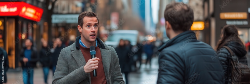 Poster an expert engages in a live interview with a journalist amid bustling pedestrians on a city street d