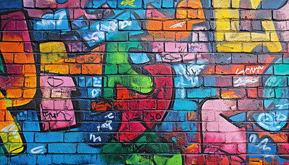 Fototapeta premium A wall filled with bold, colorful graffiti tags and street art, giving an edgy, urban feel full of energy