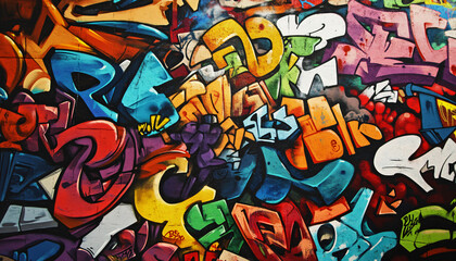 Obraz premium A wall filled with bold, colorful graffiti tags and street art, giving an edgy, urban feel full of energy
