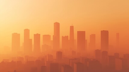 Naklejka premium Magnificent skyline of a bustling urban metropolis silhouetted against a vibrant orange and yellow sky at dramatic sunset or sunrise