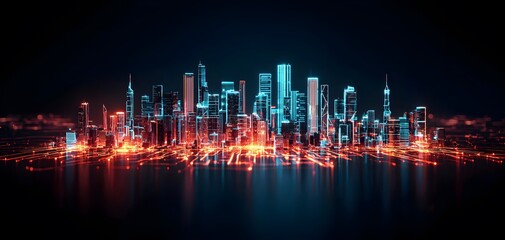 Dynamic neon lights illuminate a vibrant skyline filled with skyscrapers, creating an electric atmosphere. The image feels immersive and futuristic, enhancing the city's allure. Glow Time Concept